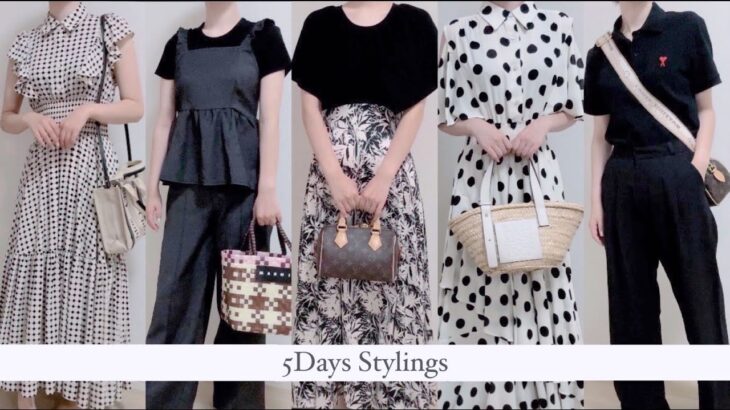 【5Days Stylings】☕️🍰日常／5daysコーディネート👗／モノトーンの1週間／ハイブランドバッグ紹介👜／LOEWEカゴバッグ／ルイヴィトン・Chloe・MARNI・アミパリスなど